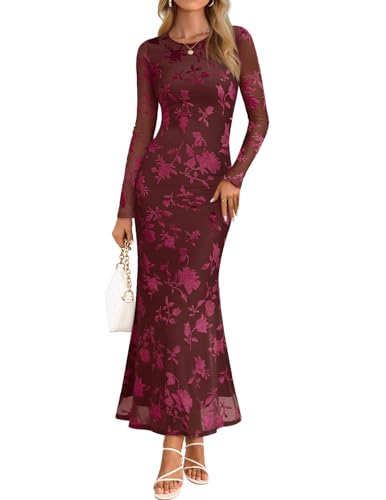 MEROKEETY Women's 2026 Spring Wedding Guest Maxi Dress Long Sleeve Bodycon Floral Mesh Fall Cocktail Formal Party Dresses