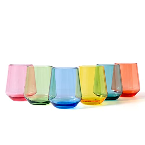 KX-WARE Unbreakable 16-ounce Acrylic Stemless Wine Glasses All Purpose Plastic Tumbler, set of 6 Multicolor Dishwasher Saf...