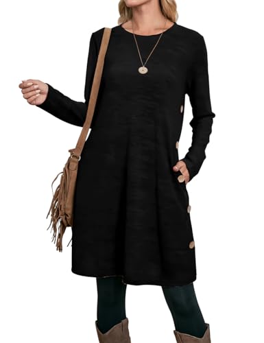 OFEEFAN Long Sleeve Dress for Women Crew Neck Tunic Dress with Pockets Buttons Side