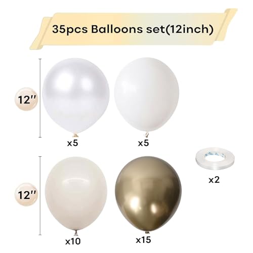 Togvu White and Gold Balloons, 12 Inch White Sand Gold Metallic Latex Balloons, Beige Gold Party Balloons for Boho Birthda...