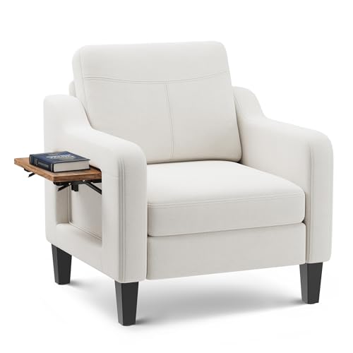 Accent Chair for Living Room Modern Linen Upholstered Armchair Side Wooden Fabric Sofa Chair with Foldable Table 2 Side Po...
