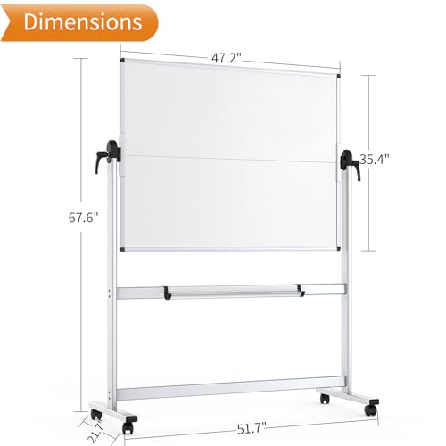 VIZ-PRO Double-Sided Mobile Whiteboard, 48 x 36 Inches, Magnetic Rolling Dry Erase White Board on Wheels with Aluminium Fr...