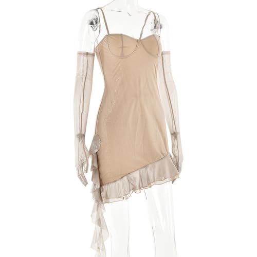 PWMENLK Women's Dress,Sexy Lace Semi See Through Short Dress, Off-Shoulder Bustier Skirt, Asymmetric Short Skirt，Slim