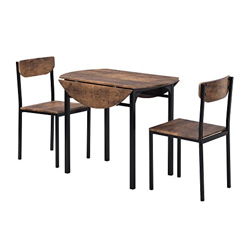 P PURLOVE 3 Piece Drop Leaf Dining Table Set,Solid Wood Kitchen Table and Chair Set of 2,Farmhouse Round Table and 2 Chair...