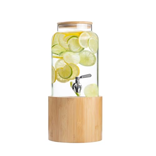 Kitchentoolz 1 Gallon Glass Drink Dispenser for Parties on Bamboo Stand - Premium Borosilicate Beverage Jar with Stainless...