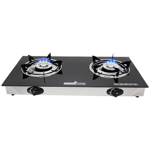 RegiisCook Double Burner Propane Gas Cooktop,Camping Portable LPG Gas Stove, Auto Ignition Tempered Glass Countertop with ...