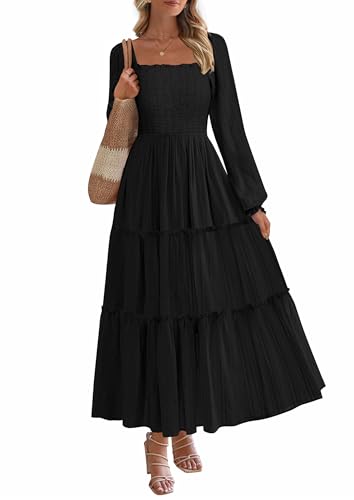PRETTYGARDEN Spring Dresses for Women 2026 Casual Long Sleeve Smocked Ruffle Flowy Elegant Wedding Guest Maxi Dress Pockets