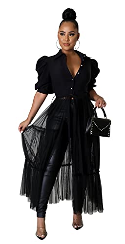 Ekaliy Women Sexy Short Sleeve Bodycon High Low Asymmetrical Ruffle Tunics Blouse Shirt Top Dress