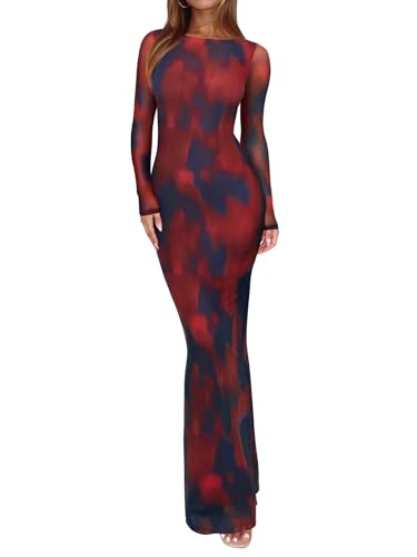 REORIA Women's Spring Mesh Sheer Long Sleeve Wedding Guest Dress Sexy Floral Bodycon Maxi Long Dresses