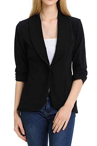 MINEFREE Women's 3/4 Ruched Sleeve Lightweight Work Office Blazer Jacket (S-3XL)