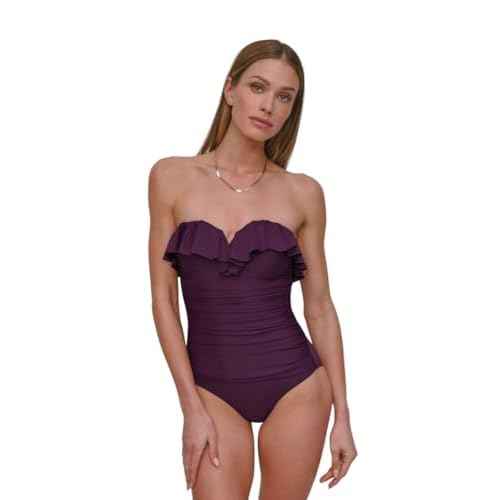DKNY Women's Pin-up Ruffle Bandeau One Piece Swimsuit with Tummy Control
