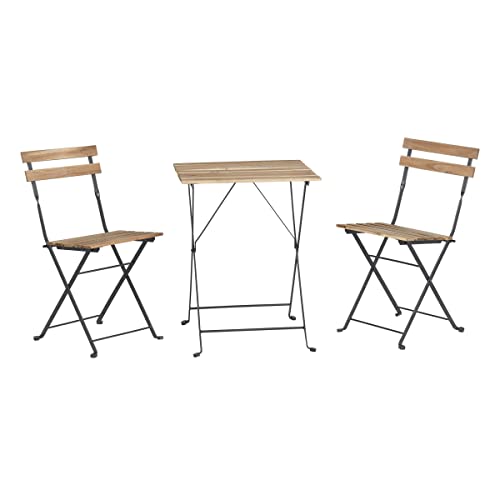 Folding Patio Bistro Set – 3-Piece Acacia Wood and Steel Café Table and Chairs for Porch, Deck, Garden, or Balcony Furnitu...