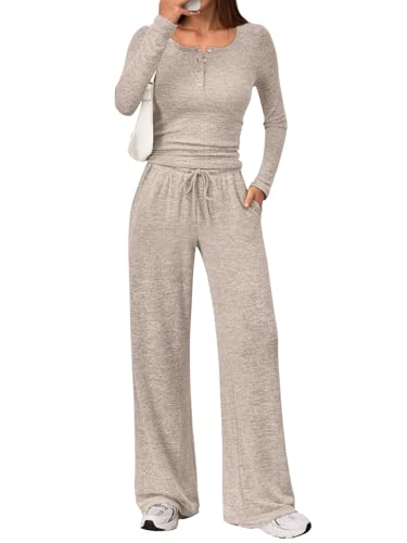 Trendy Queen Women's 2 Piece Matching Lounge Sets Fall Fashion Outfits Henley Neck Sweater Top Wide Leg Pants Sweat Suits