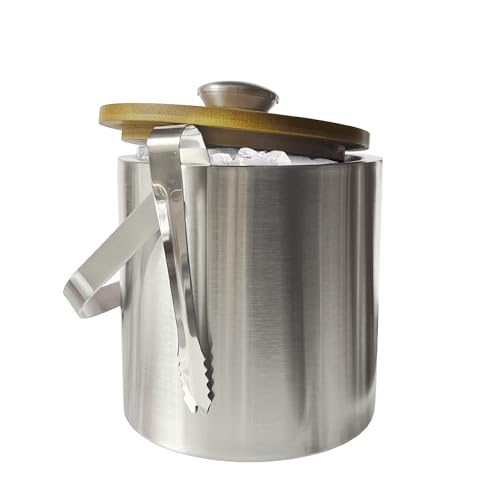 Lily's Home Double Wall Insulated Small Ice Bucket with Bamboo Lid - Stainless Steel Ice Holder with Tongs and Strainer, I...