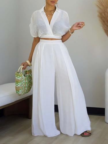 KEYUFANG Women's Summer 2 Piece Outfits Wrap V Neck Crop Top and Wide Leg Pants Sets Casual Vacation Outfits