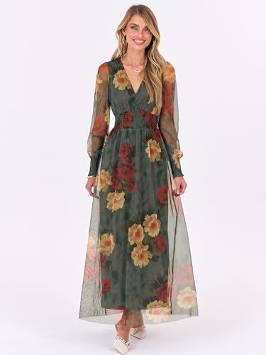 ANRABESS Women's Floral Maxi Dress 2025 Fall V Neck Puff Long Sleeve Flowy Casual Wedding Guest Tea Party Tulle Dresses