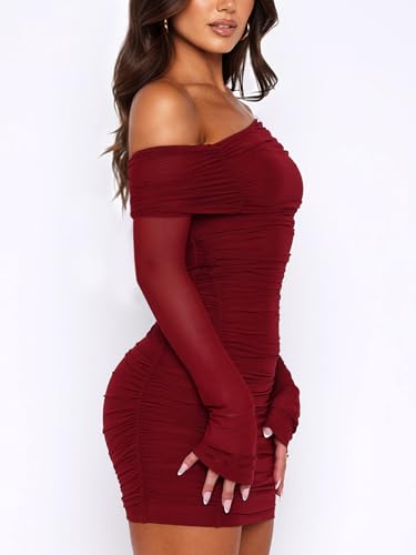 OZICERD Off The Shoulder Mini Dresses for Women Long Sleeve Ruched Bodycon Mesh Dress Cocktail Party Club Going Out Dress