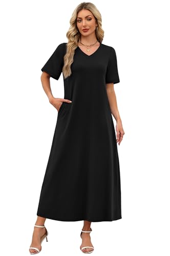 WIHOLL Women's Maxi Dresses V Neck Vacation Beach Sundresses Floral Travel Summer Dress