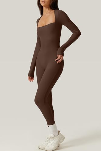 QINSEN Womens Sexy Square Neck Long Sleeve Full Length Leggings Bodycon Stretch Jumpsuit