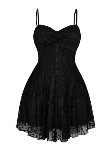 BEAUDRM Women's Plus Size Y2k Floral Gothic Dress Mesh Lace Goth A Line Mini Dresses Grunge Ruched Short Cami Sundress