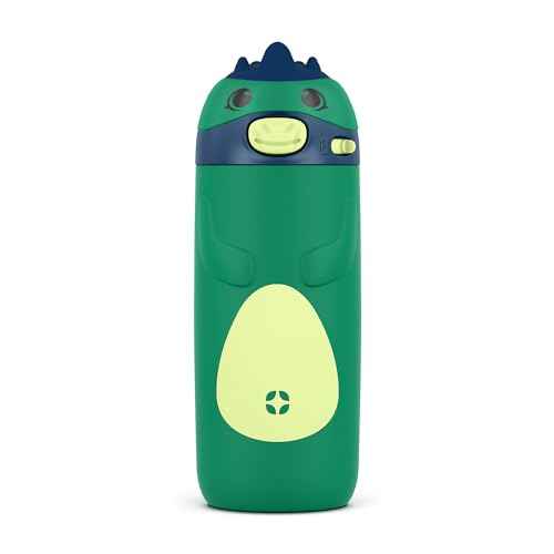 Ello Ellies 12oz Vacuum Insulated Stainless Steel Kids Water Bottle with Straw and Built-in Carrying Handle and Leak-Proof Locking Lid for School Backpack, Lunchbox and Outdoor Sports, Dino