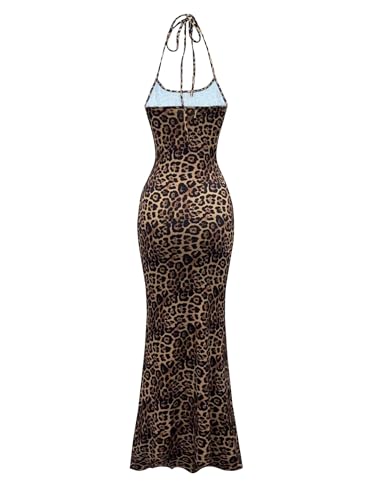 SOFIA'S CHOICE Cheetah Print Dress Leopard Halter Neck Long Tight Bodycon Spaghetti Strap Maxi Dress