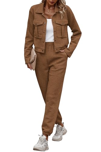 PRETTYGARDEN Womens Two Piece Sets Fall 2026 Long Sleeve Button Down Shacket Jacket Long Sweatpants Tracksuit Winter Clothes
