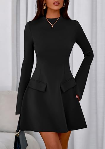 PRETTYGARDEN Women's Elegant Holiday Short Dress 2026 Fall Bell Long Sleeve Mock Neck Work Business Casual Party Mini Dress