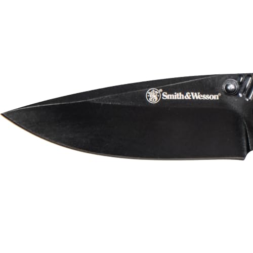 Smith & Wesson SW1101 6.89in Stainless Steel Folding Knife with 3in Drop Point Blade and Rubberized Handle for Outdoor, Ta...