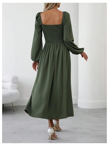 Floerns Women's Square Neck Lantern Long Sleeve Dress Split Ruched Party Midi Dresses