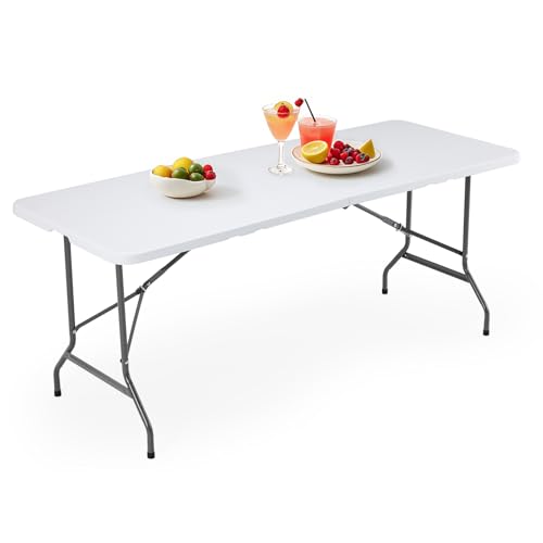 DUMOS 4 Ft Outdoor Folding Table, Plastic Heavy Duty Table with Carrying Handle, Lock for Camping Picnic Party Dining, White