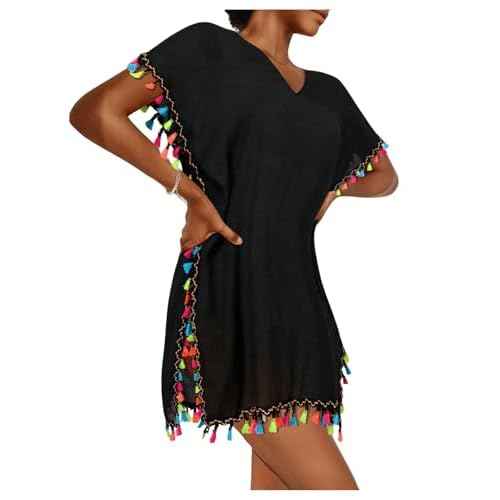 MakeMeChic Women's Swimsuit Cover Up Tassel Short Sleeve Bathing Suit Beach Coverups