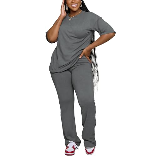PINSV Women 2 Piece Outfits Short Sleeve Top and Flare Pants Lounge Sets Tracksuit