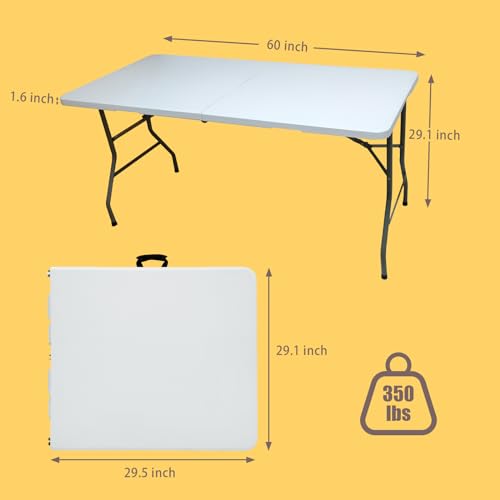 YDY+YQY Folding Table 5ft, Plastic Heavy Duty Fold in Half Table Portable Height Adjustable with HDPE Top for Indoor Outdo...
