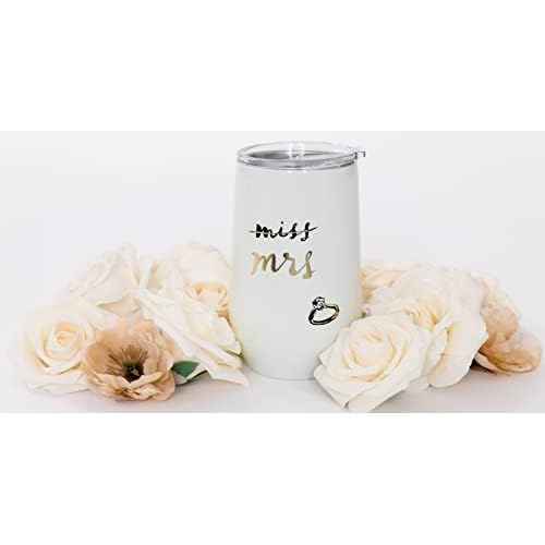 kate spade new york Insulated Bridal Stainless Steel Wine Tumbler, 16 Ounce Double Wall Tumbler for Bride to Be, Stemless Travel Cup with Lid, Miss to Mrs. (White)