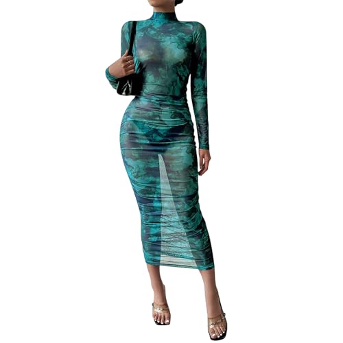 Kasopp Women’s Sheer Mesh Sexy Bodycon Long Sleeve Ruched Maxi Dress Printed Slim Fit Party Club Dresses