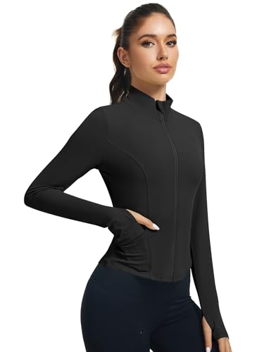 LOMON Women's Athletic Jackets Cropped Long Sleeve Workout Tops Yoga Zip Up Jackets Gym Tops Golf Shirts