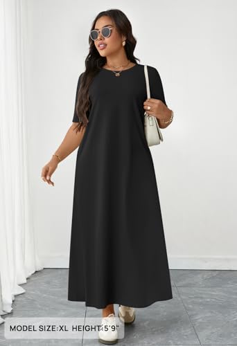 MEROKEETY Summer Maxi Dresses for Women 2026 Vacation Spring Casual Short Sleeve Basic Long T Shirt Dress Pockets