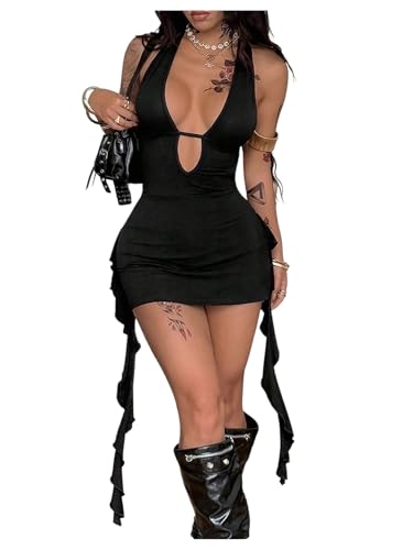 SOLY HUX Women's Open Back Halter Mini Dress Y2k Deep V Neck Sleeveless Backless Ruffle Bodycon Sexy Dresses