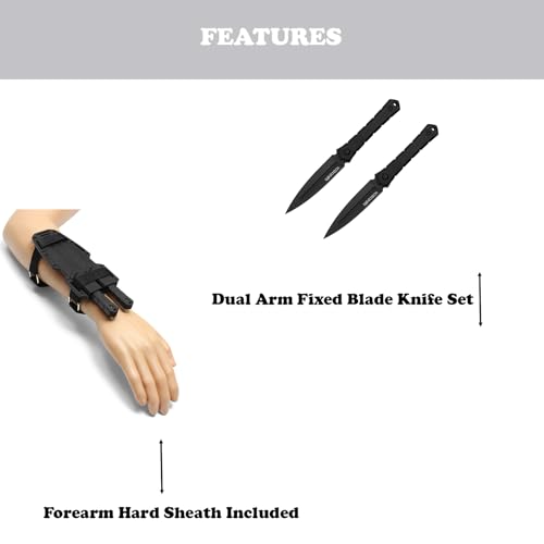 LALAPORT 7.5” Dual Arm Tactical Fixed Blade Knife Set | Spear Point Knives with Forearm Sheath | Survival EDC (BLACK)