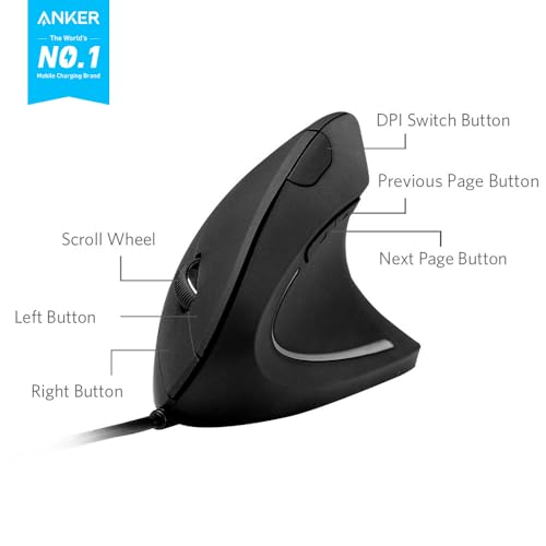 Anker USB Wired Vertical Mouse, Ergonomic Design Mouse for Computer and Laptop, 5 Buttons, 1000/1600 DPI, Optical Technolo...