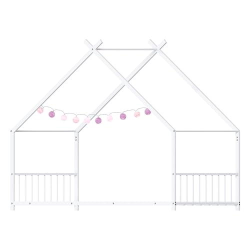 Twin Floor House Bed with Storage Shelf, Wood Twin Bed Frames with Headboard & Guardrail, Montessori Floor Bed with Wooden Slat Support for Boys Girls, White