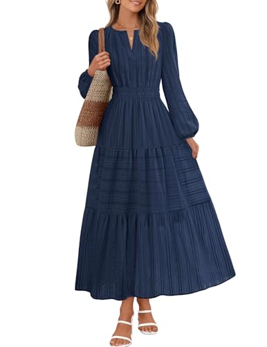 MEROKEETY Winter Midi Dresses for Women 2026 Spring Long Sleeve Casual V Neck Tiered Cotton Maxi Dress Pockets