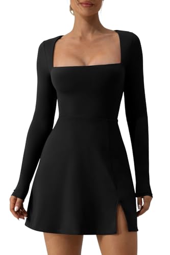 QINSEN Womens Square Neck Bodice Dress Long Sleeve Side Slit Flare Mini Dresses