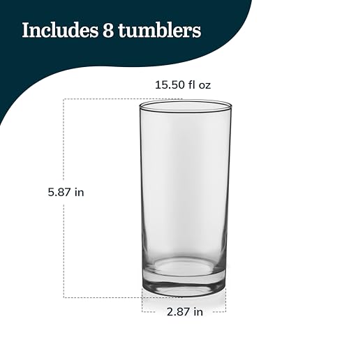 Libbey Heavy Base Drinking Glasses Set of 8, 15.5 Oz Elegant, Weighted Clear Water Glasses, Dishwasher Safe Glass Cups Set...