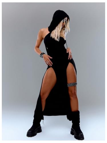 Verdusa Women's High Slit Hoodie Long Dress Rave Outifts Goth Dress Grunge Clothes
