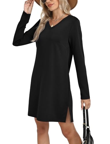 Sampeel Dresses for Women 2025 Casual Long Sleeve V Neck Tshirt Dress Side Split Fashion Fall Outfits