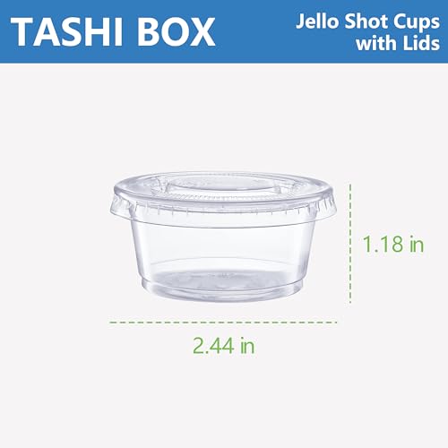 TashiBox Plastic Portion Cups with Lids [2 Ounce, 200 Sets] Disposable Plastic Cups for Meal Prep, Salad Dressing, Jellos Shot Cups, Souffle Cups, Condiment & Dipping Sauce Cups