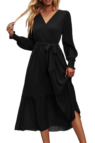PRETTYGARDEN Women's Floral Boho Dress Fall Long Sleeve Wrap V Neck Ruffle Flowy Maxi Spring Wedding Guest Vacation Dresses