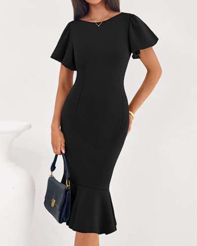 BTFBM Women Formal Wedding Guest Cocktail Dresses 2026 Short Sleeve Ruffle Mermaid Work Bodycon Elegant Midi Summer Dress